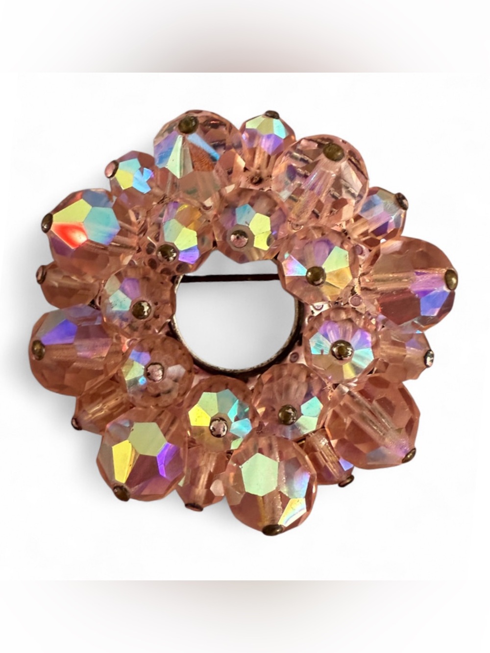 Vintage Pink Aurora Borealis Faceted Glass Beaded Cluster Brooch Pin wreath 50’s